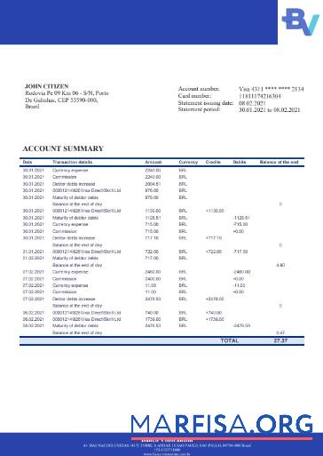 Printable Brazil Banco Votorantim bank statement word real example